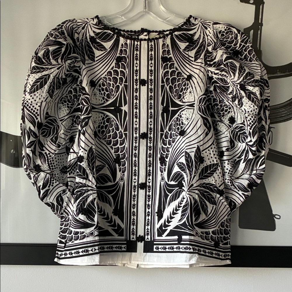 FARM Rio monochrome elegance scarf print blouse S - Picture 3 of 16